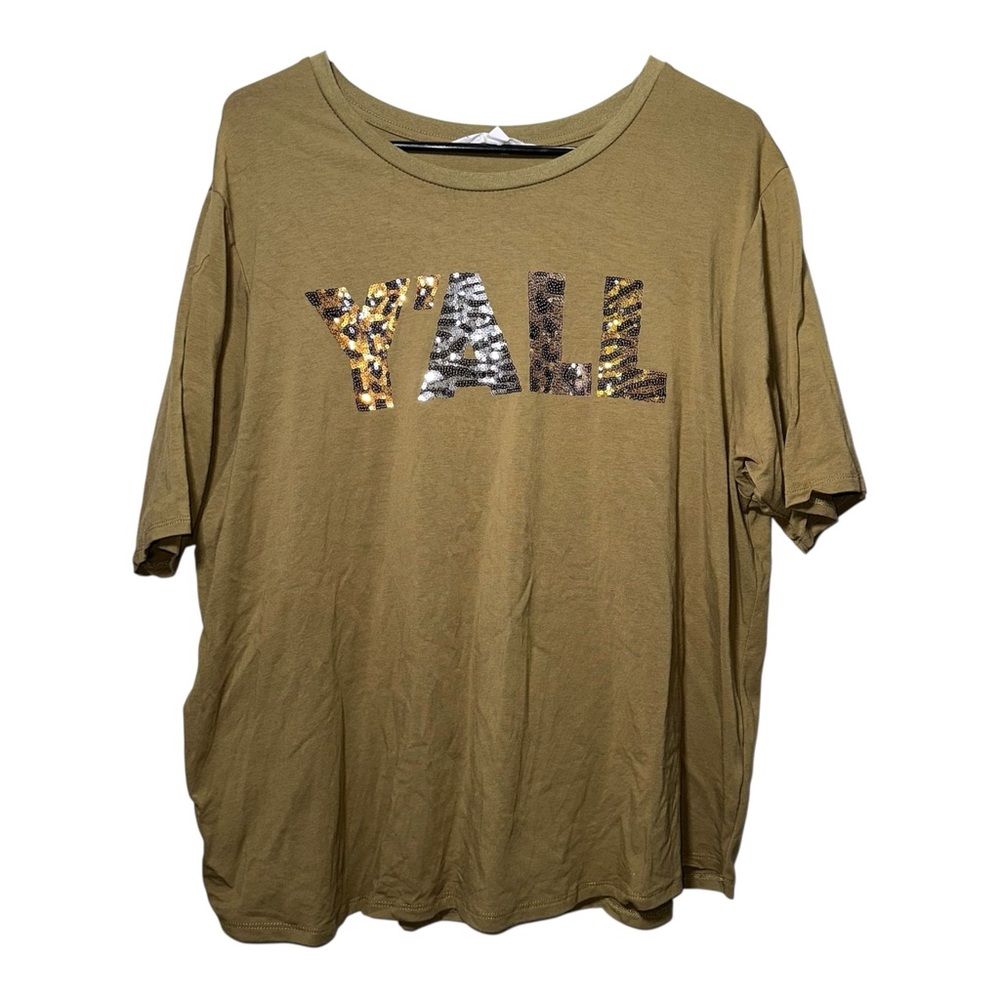 KISS & FLY "Y'all" Sequined Animal Print Mixed Print Tee 2X Western Country